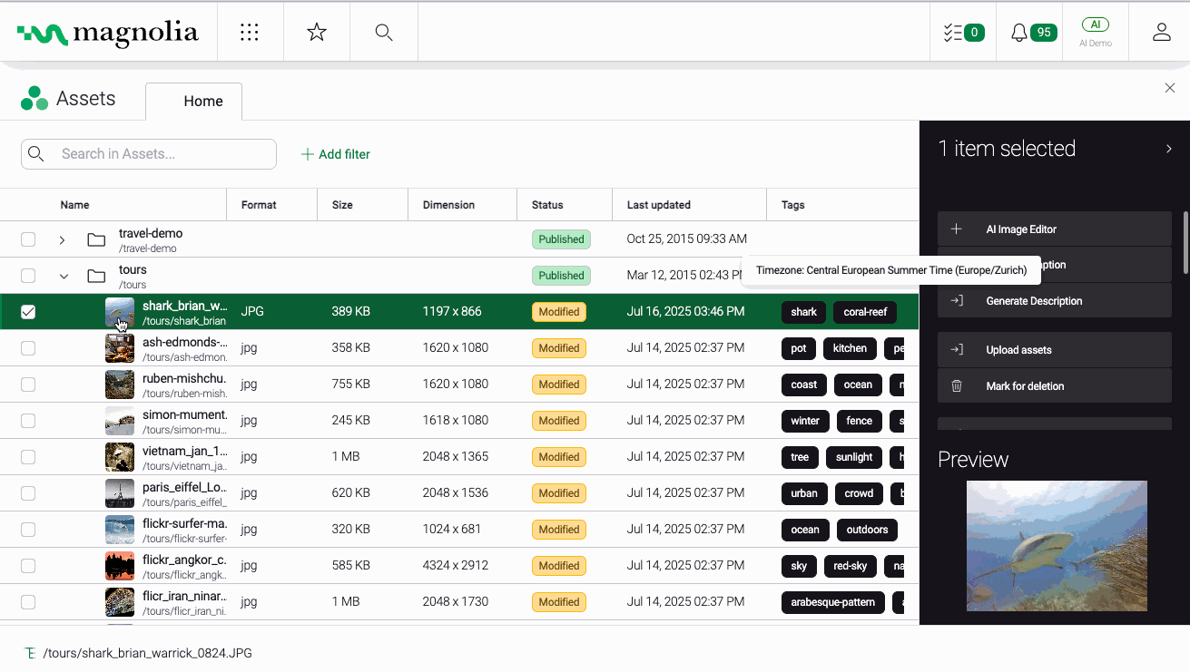 Animation showing generation of a caption in English and German for an asset in the Assets app