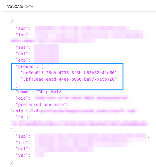 Azure AD token showing group IDs