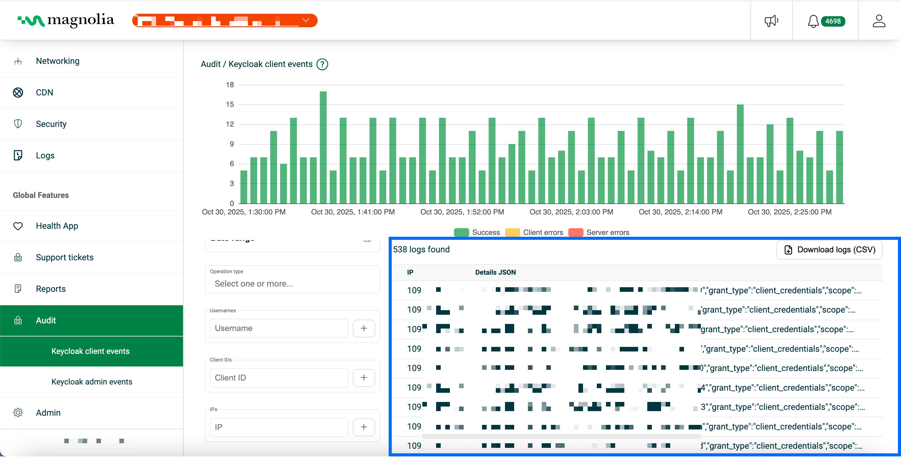 audit keycloak client events table