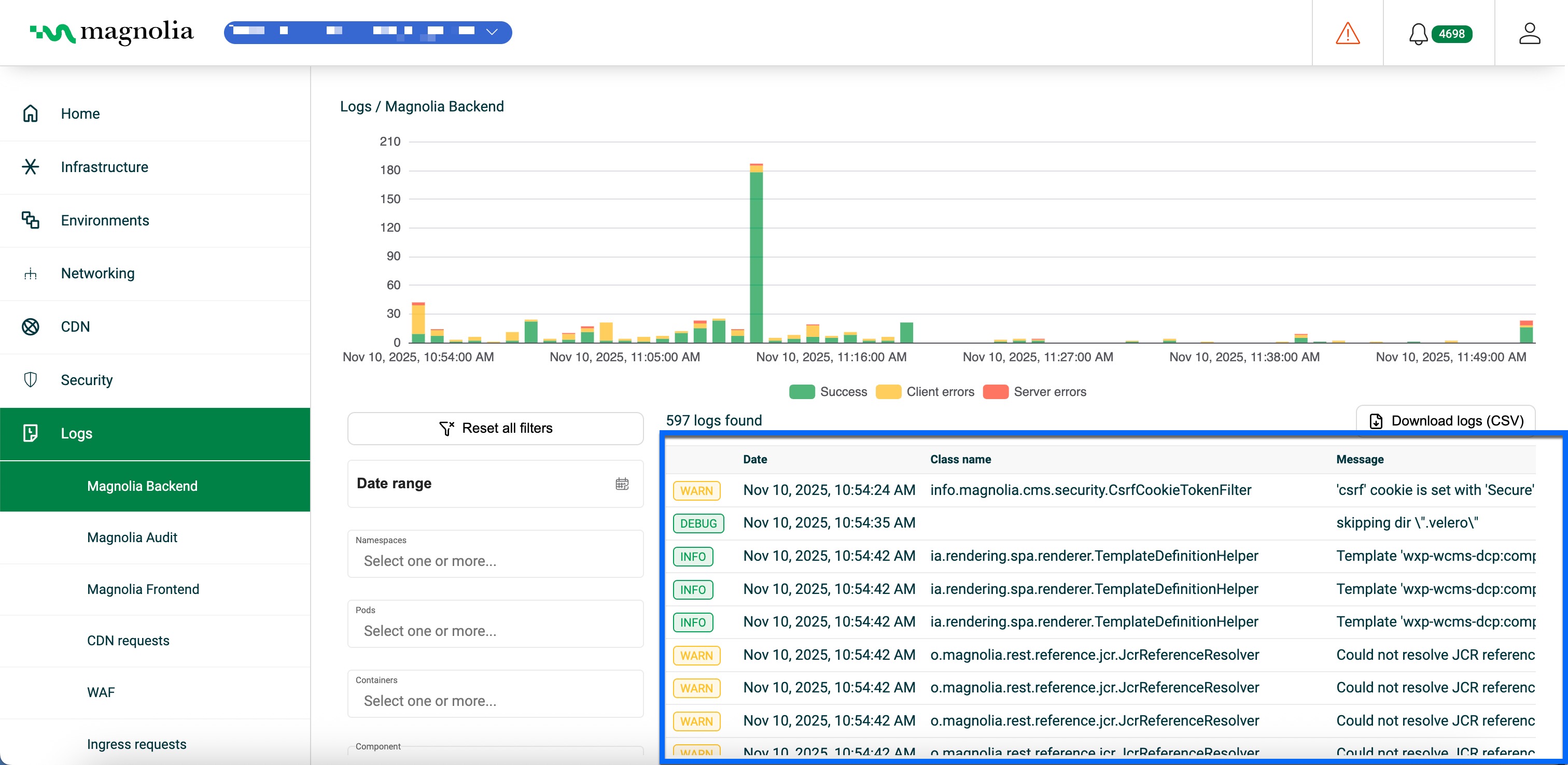 magnolia backend logs table