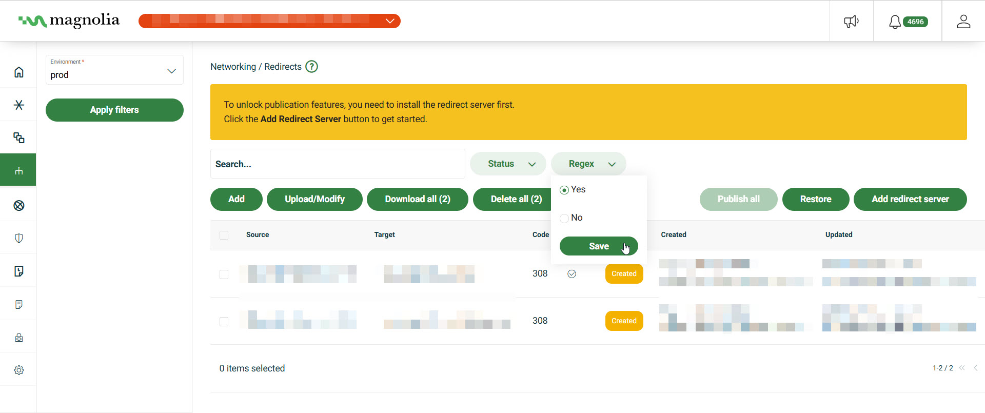 redirects regex filter