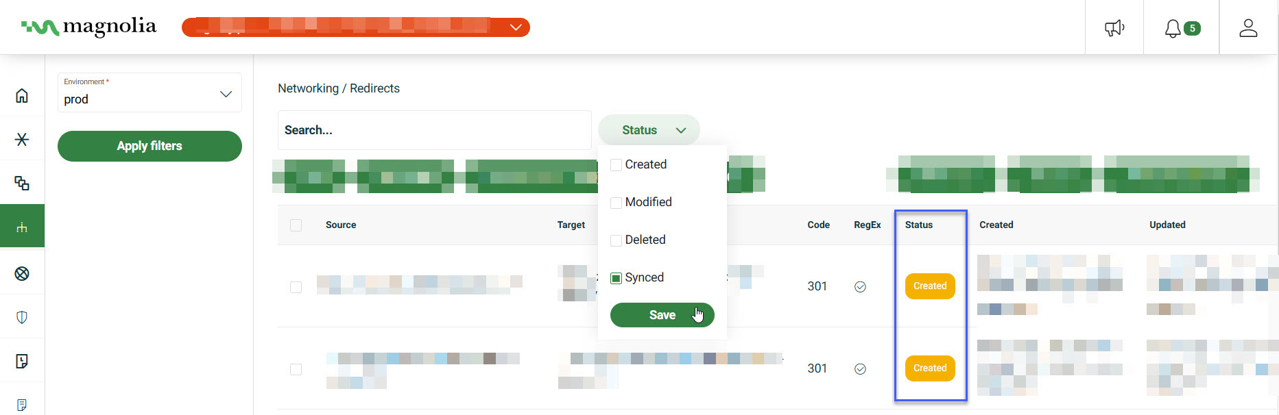 redirects status filter