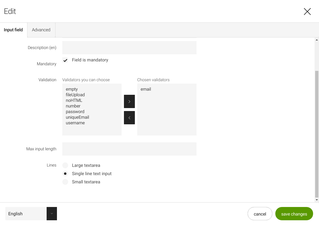 Input field tab in edit mode