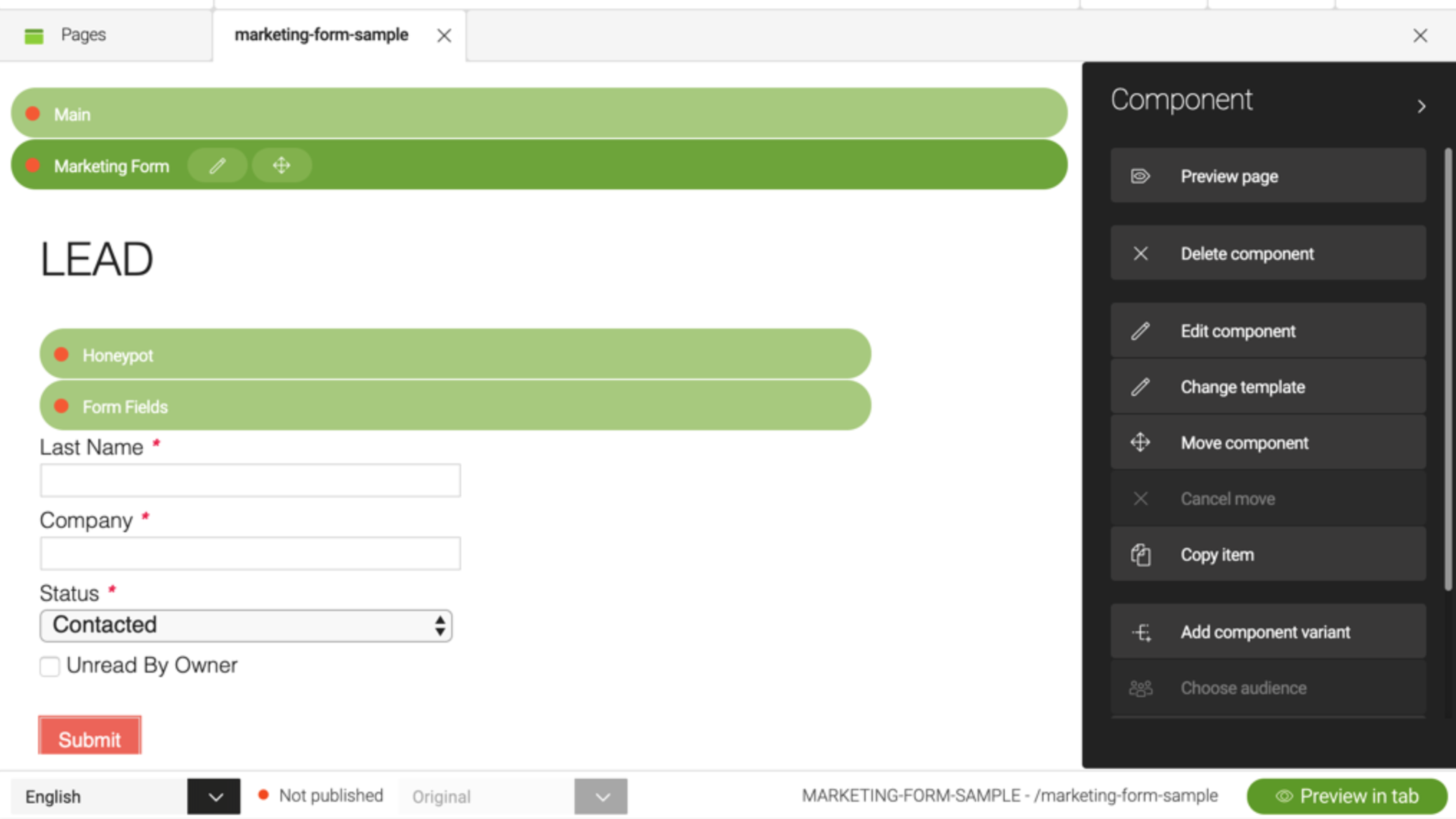 Example of selected fields from Salesforce Sales Cloud combined into a form in Magnolia