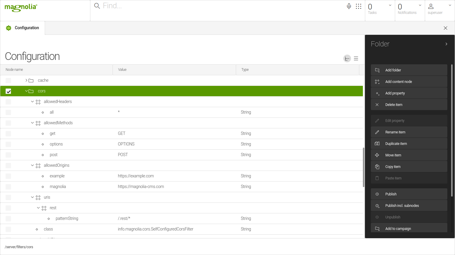 Configuration on the CORS filter