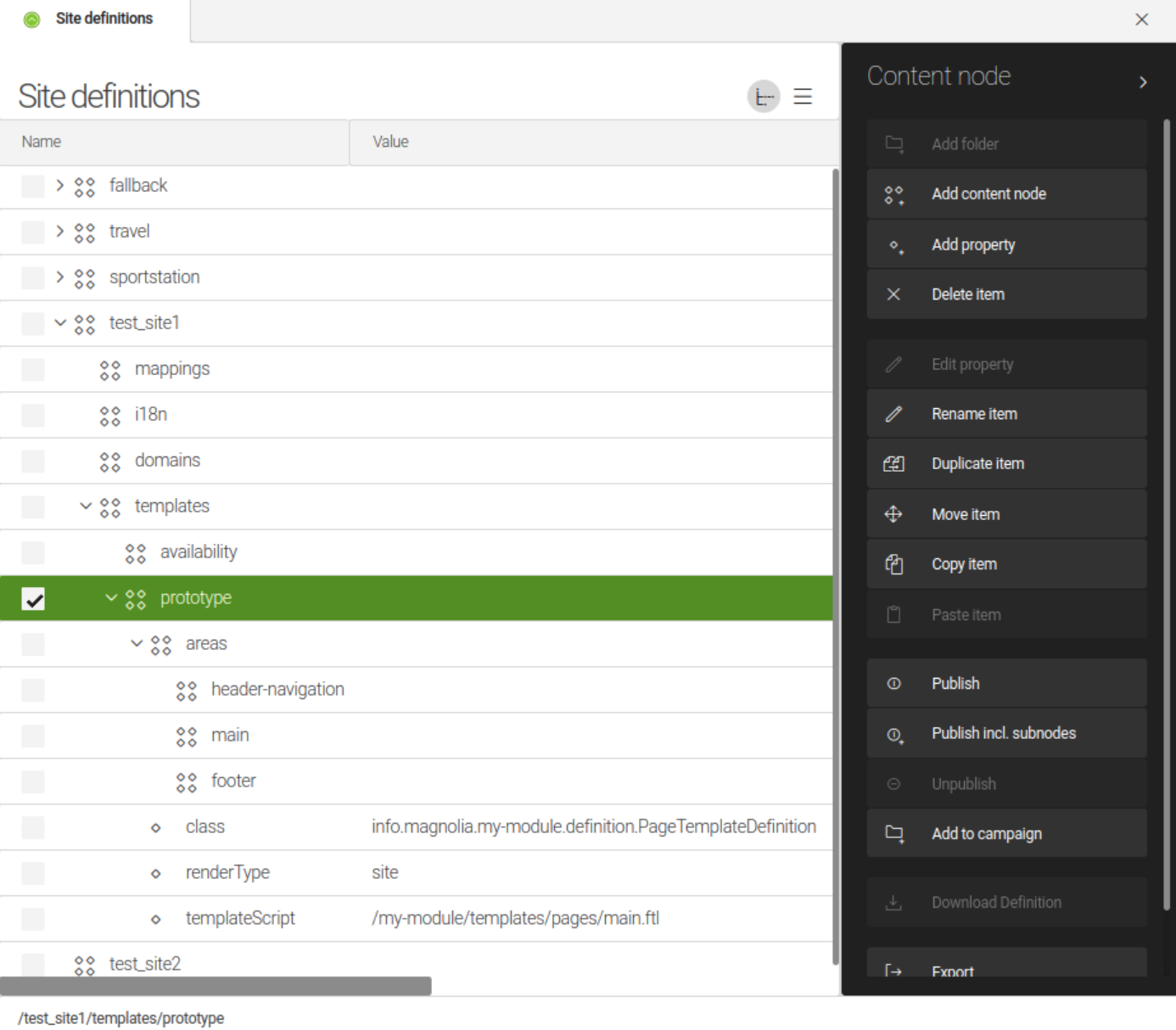 Template prototype - configuration example in JCR