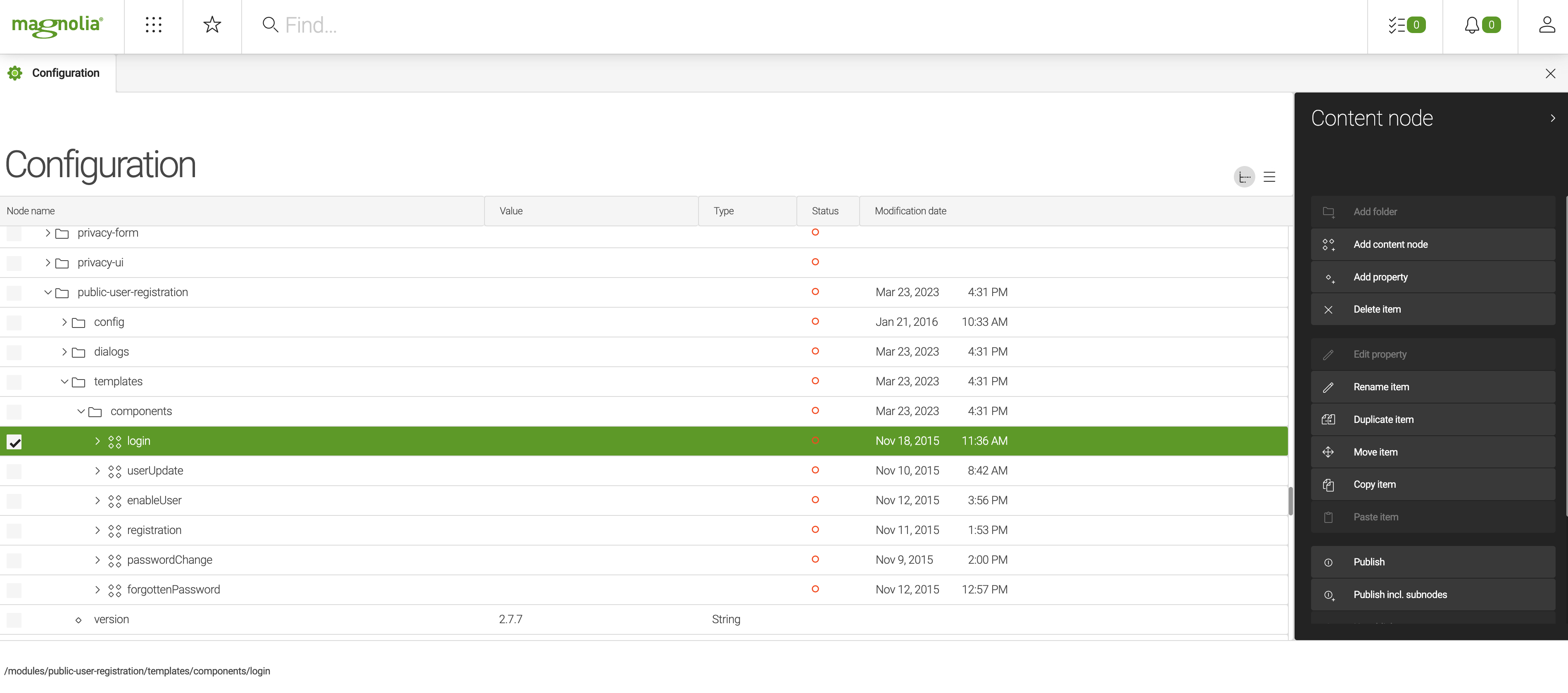 Login component definition shown in the Configuration app