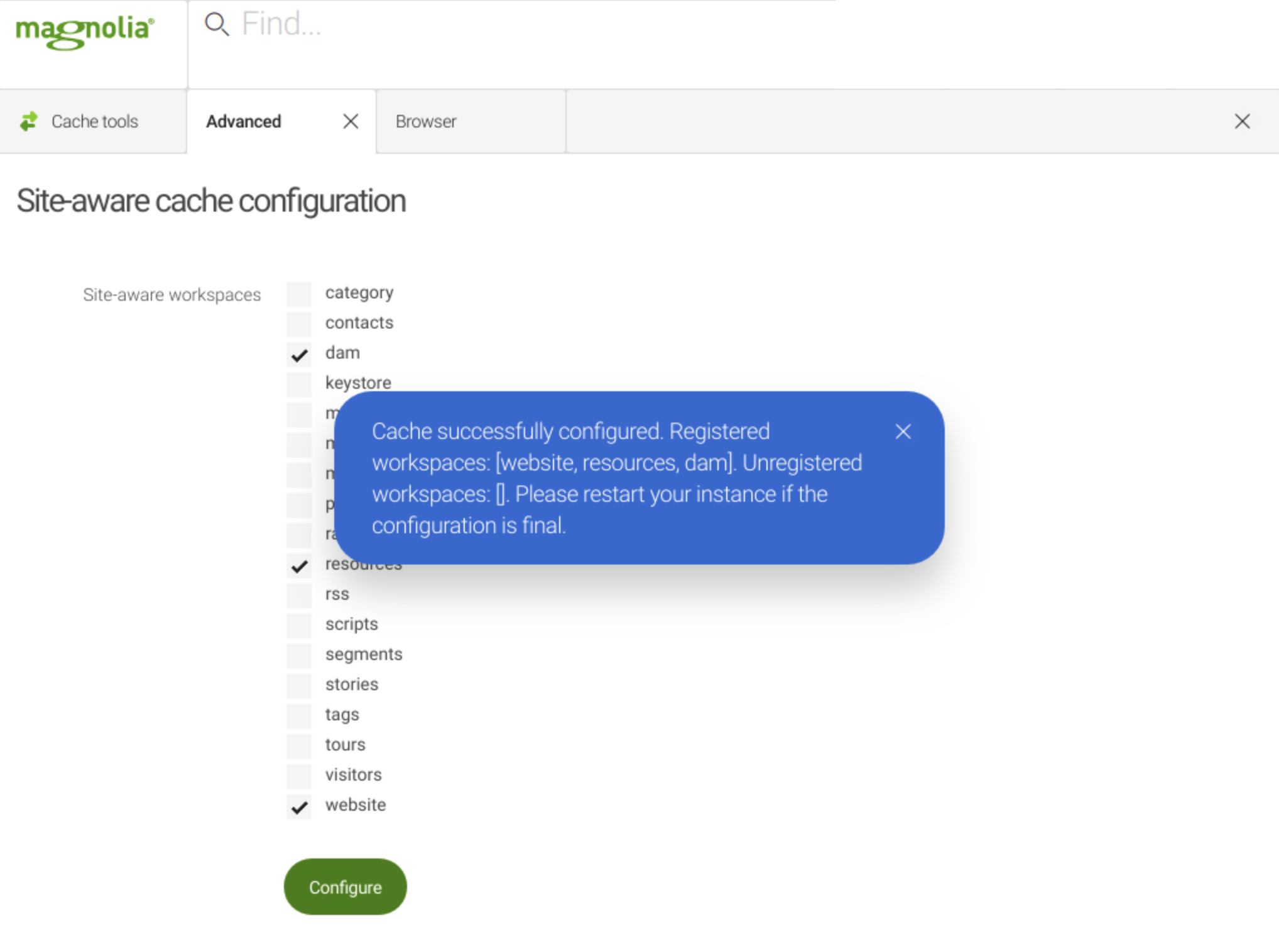 Site-aware cache configuration