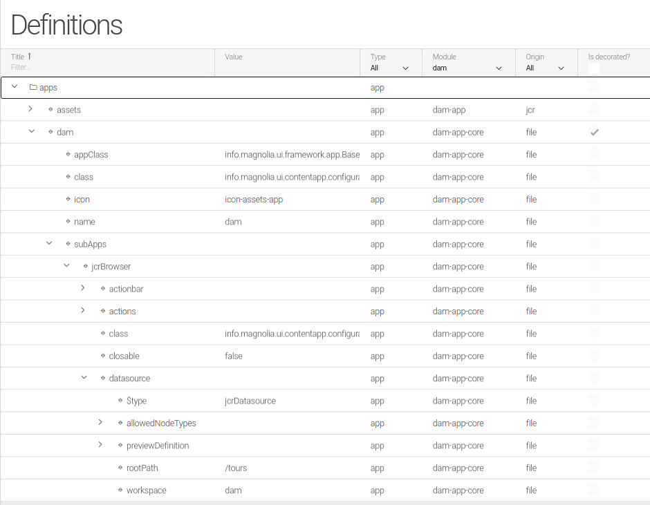 Definitions app showing definition items read from the corresponding registry