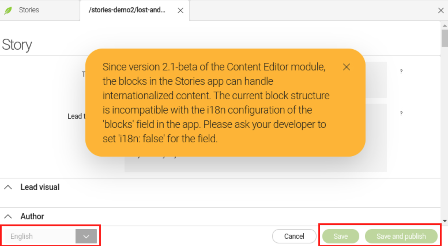 Actions are disabled due to incompatibility of JCR sctructures for Stories content