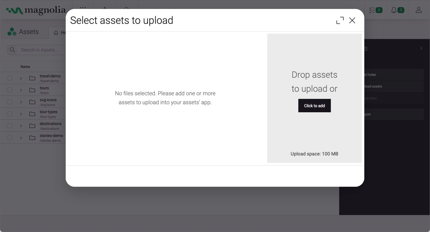 Assets app bulk upload dialog