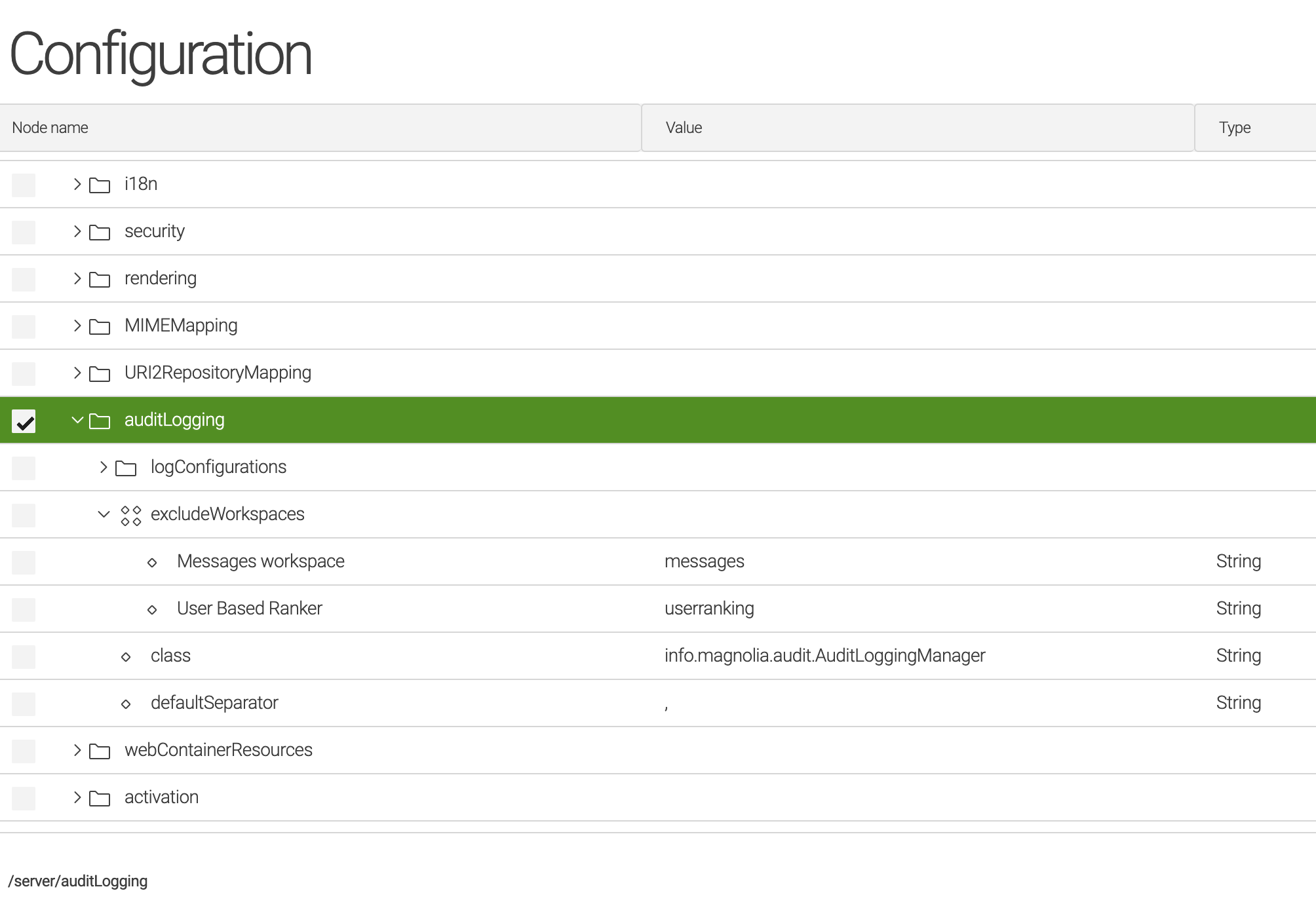 AuditLogging configuration excluding messages and userranking workspaces