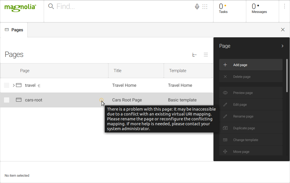 Page name conflicts with URI mappings warning