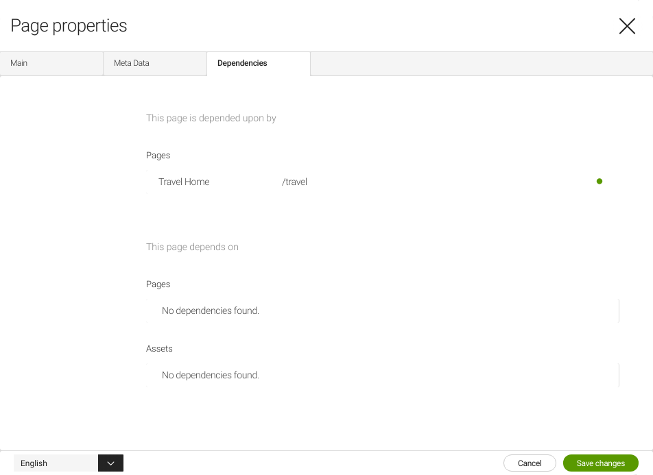 Dependencies tab in Page properties