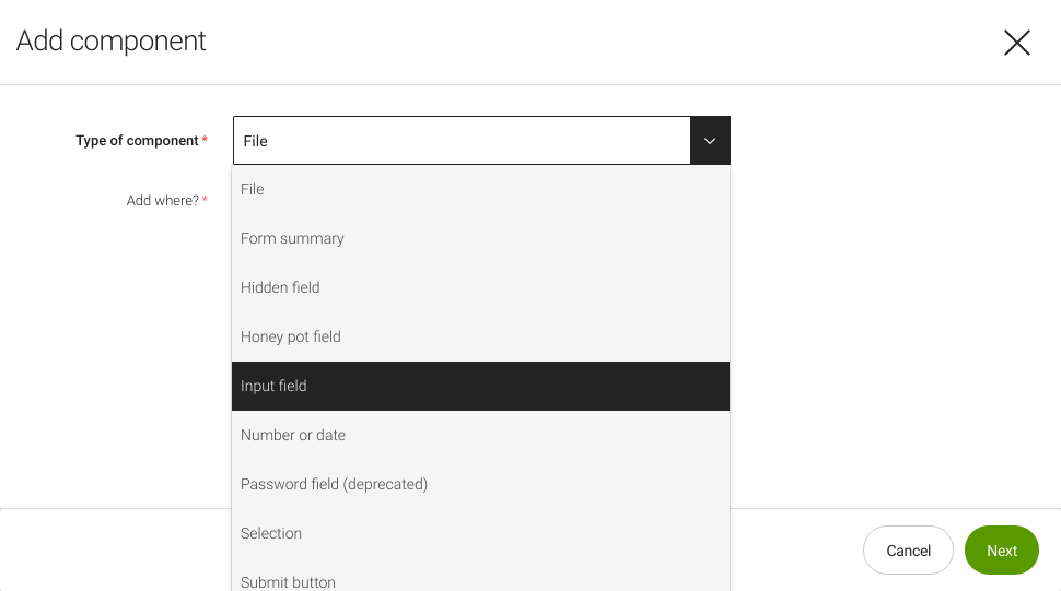 Type of component dropdown