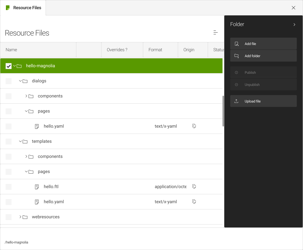 hello-magnolia light module in the Resources Files app