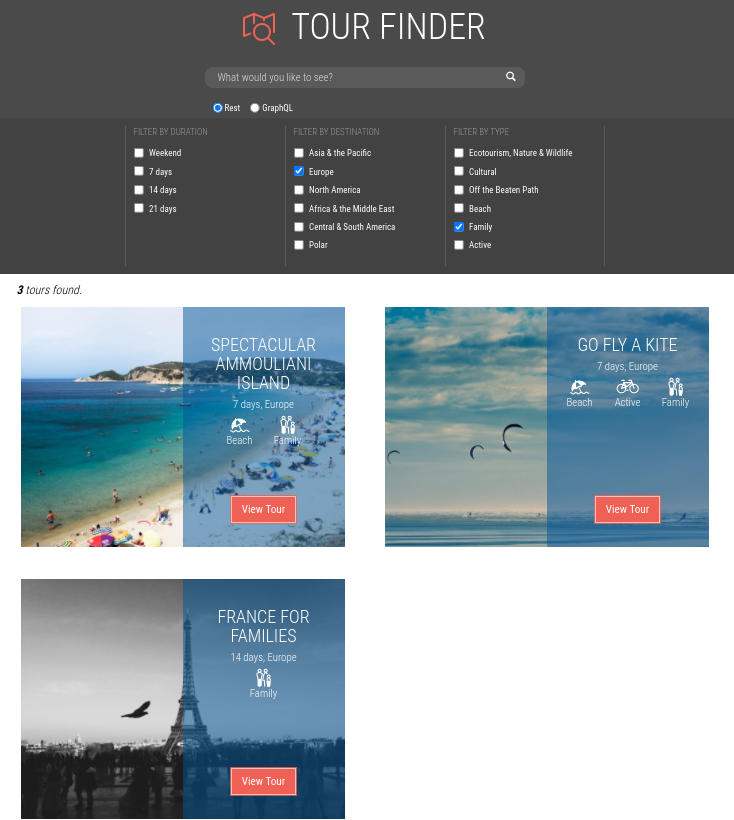 REST and GraphQL options in the Tour Finder - example where response matches a filter setting
