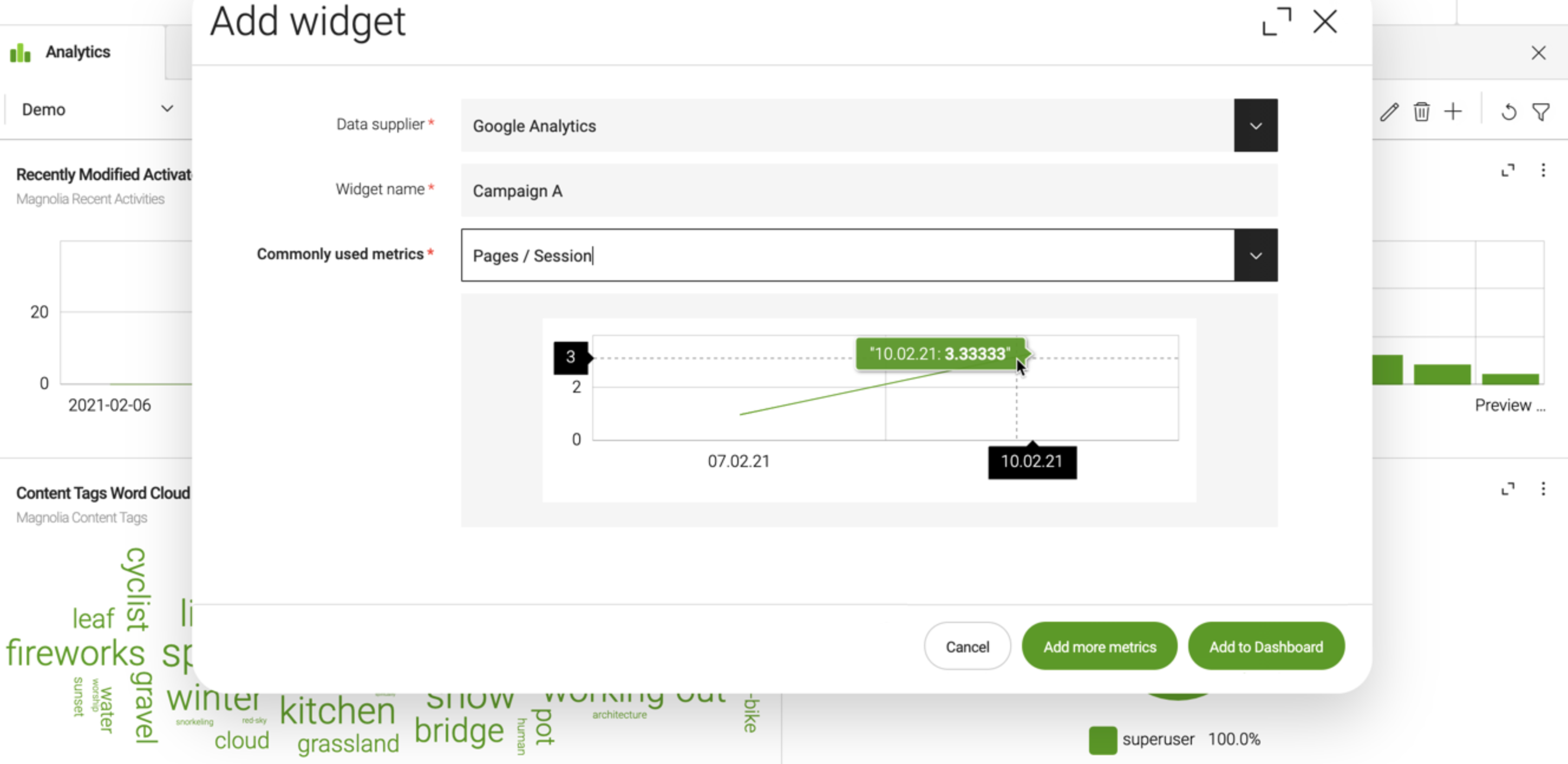 Adding widgets in the Analytics app