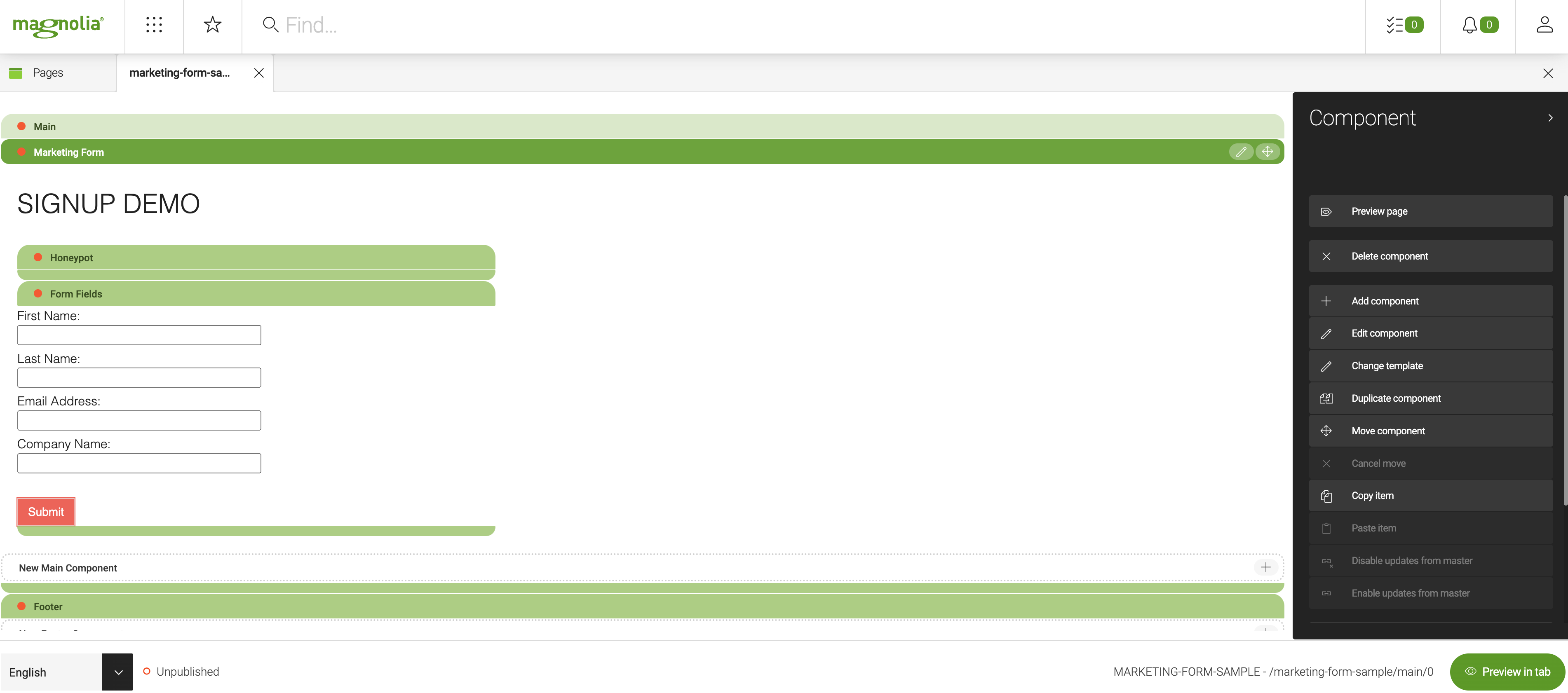 Example of a whole form built in Marketo and retrieved in Magnolia