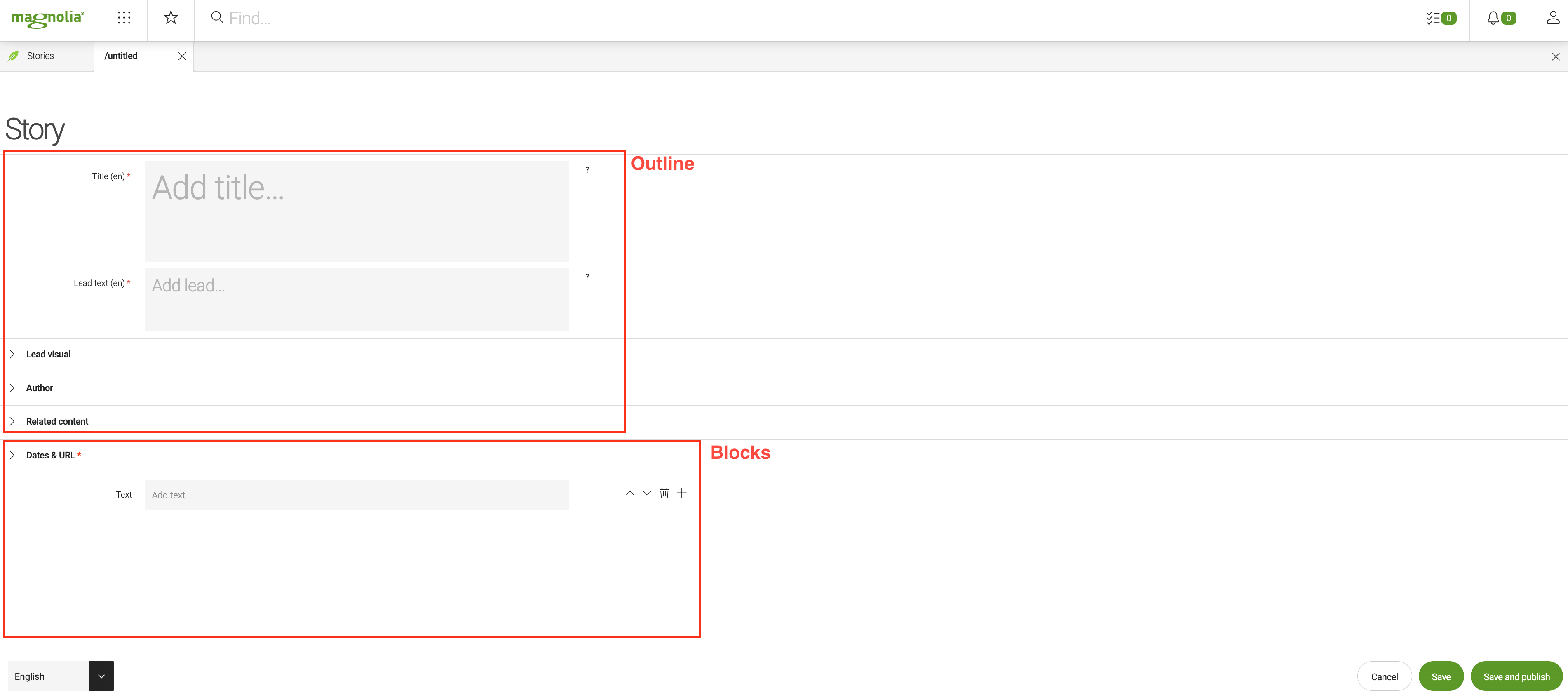 Outline and block sections in a story