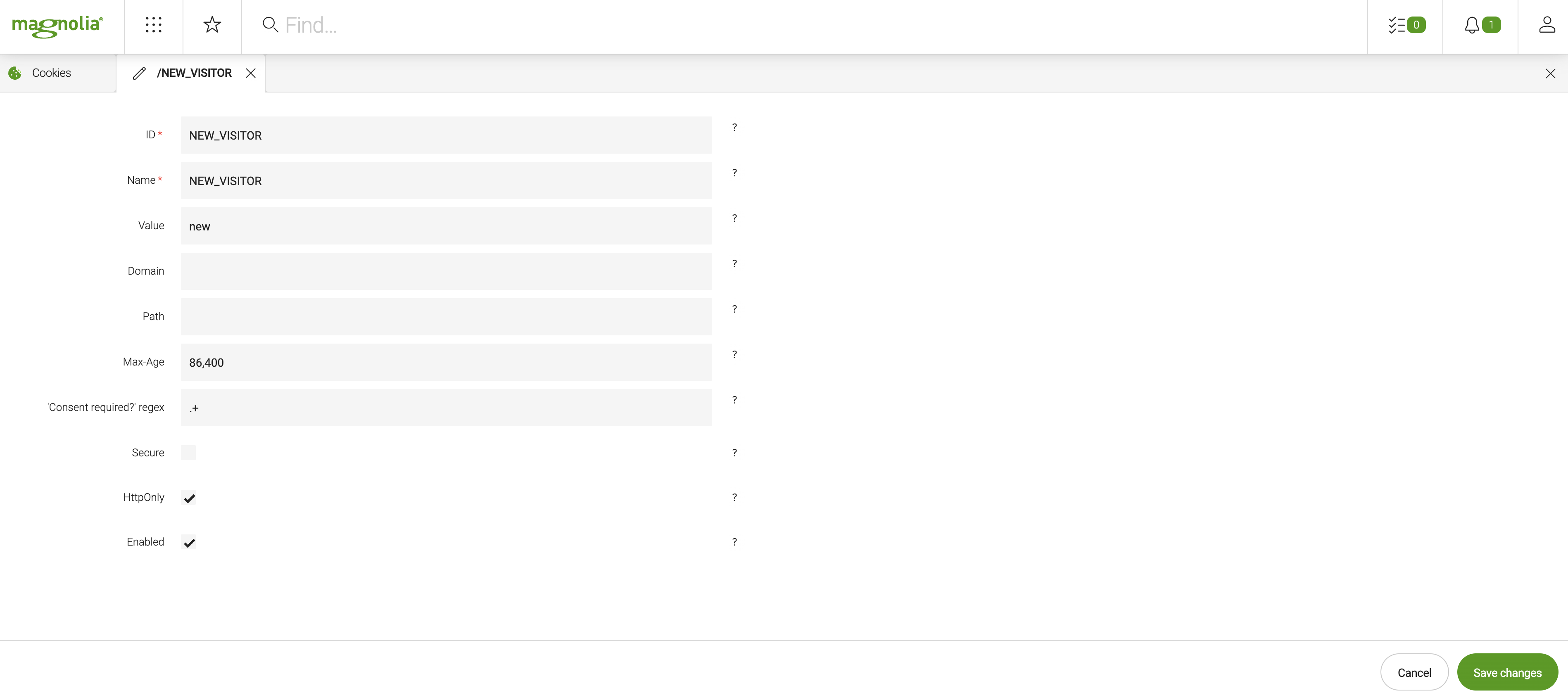 Editing cookie definition field