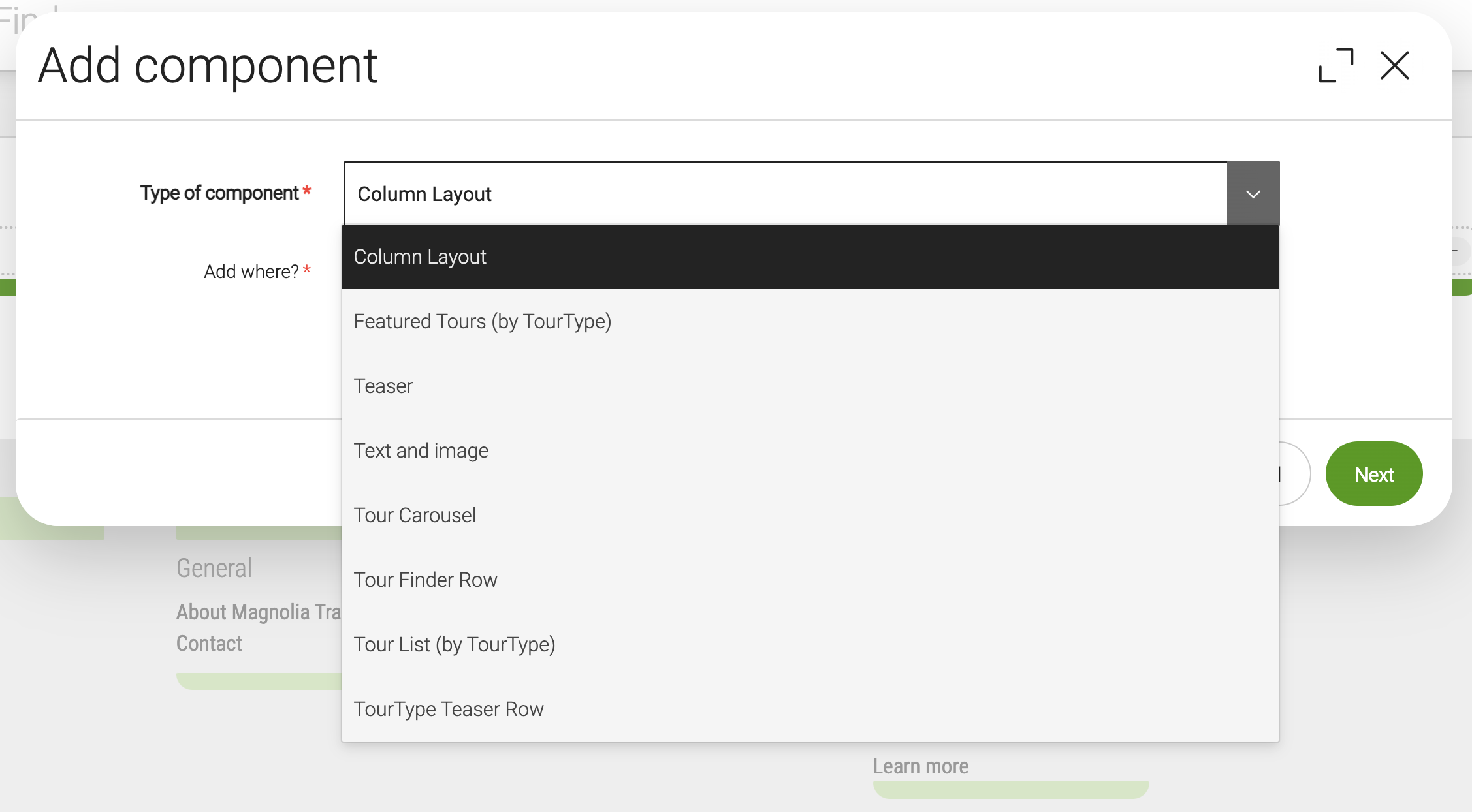 Type of component dropdown