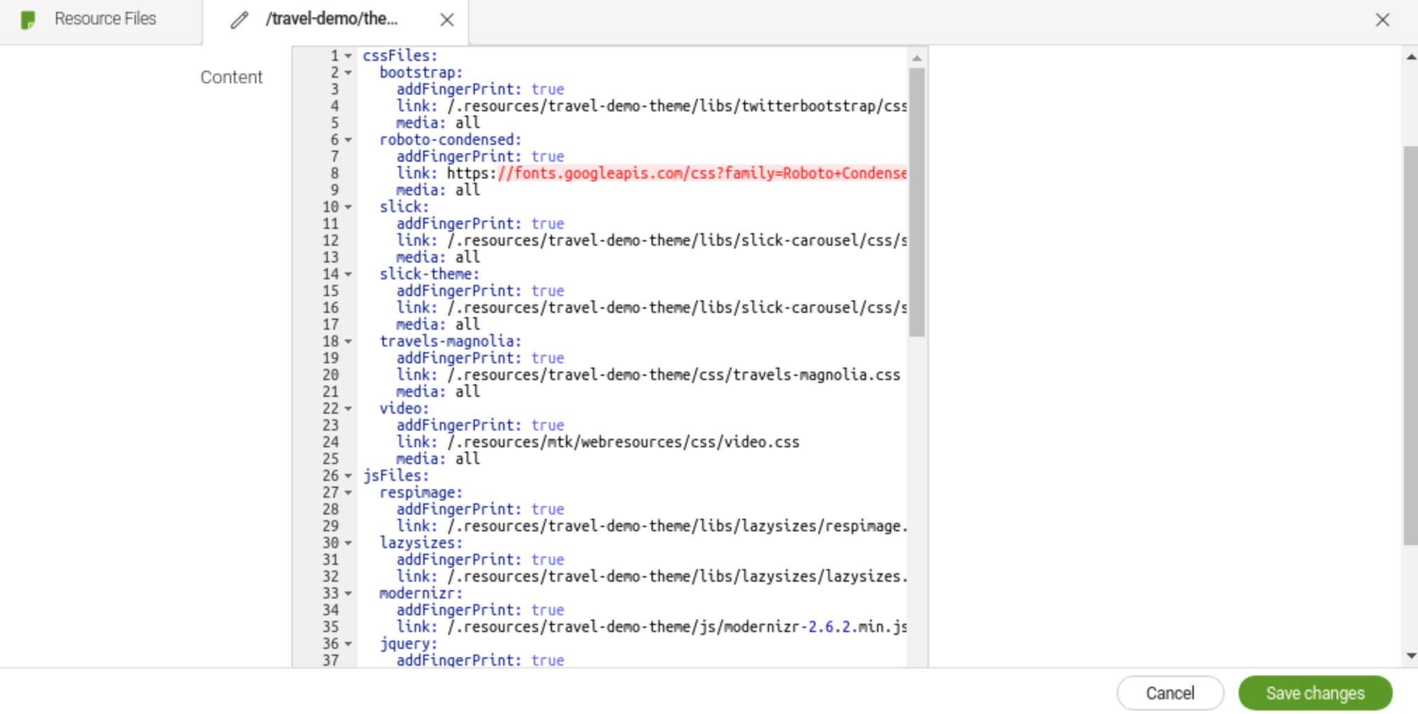 travel-demo-theme in the Resource Files app.