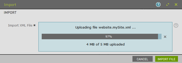 In progress field in the Import dialog uploading a file