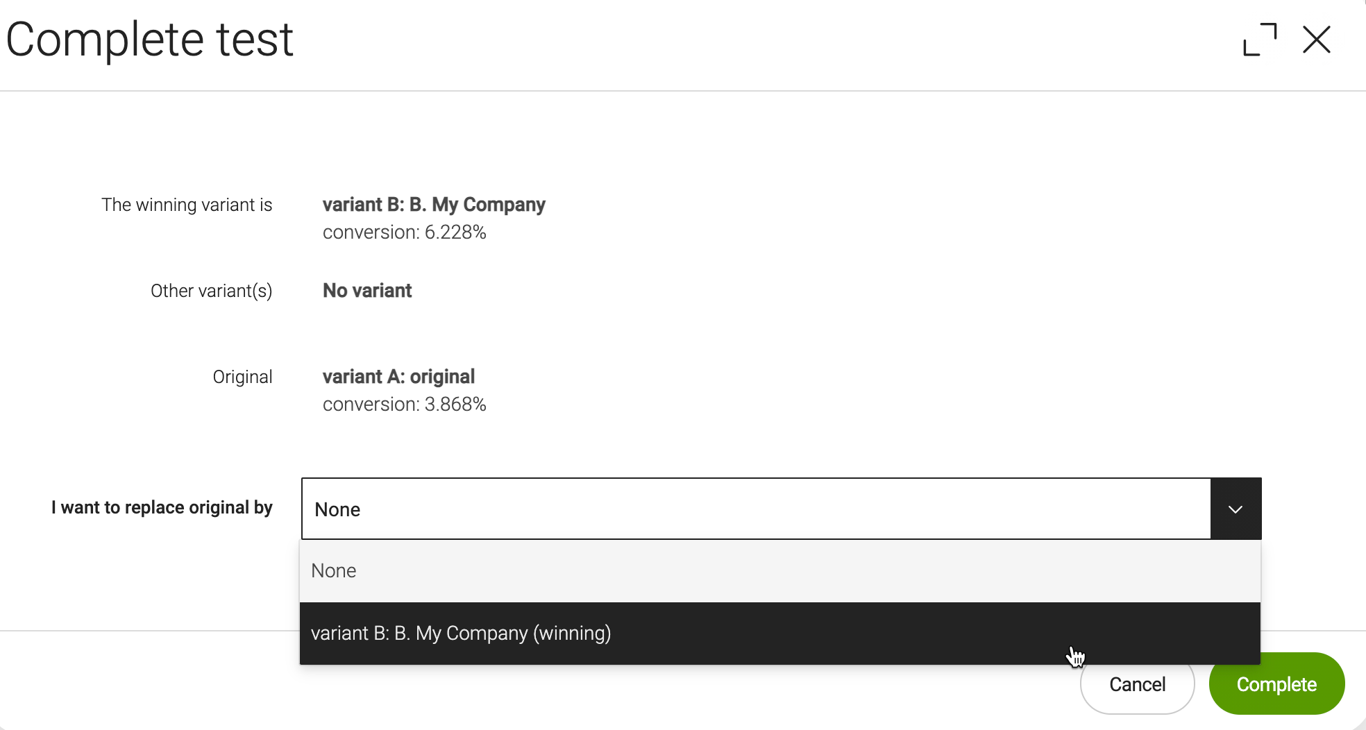 Complete test dialog