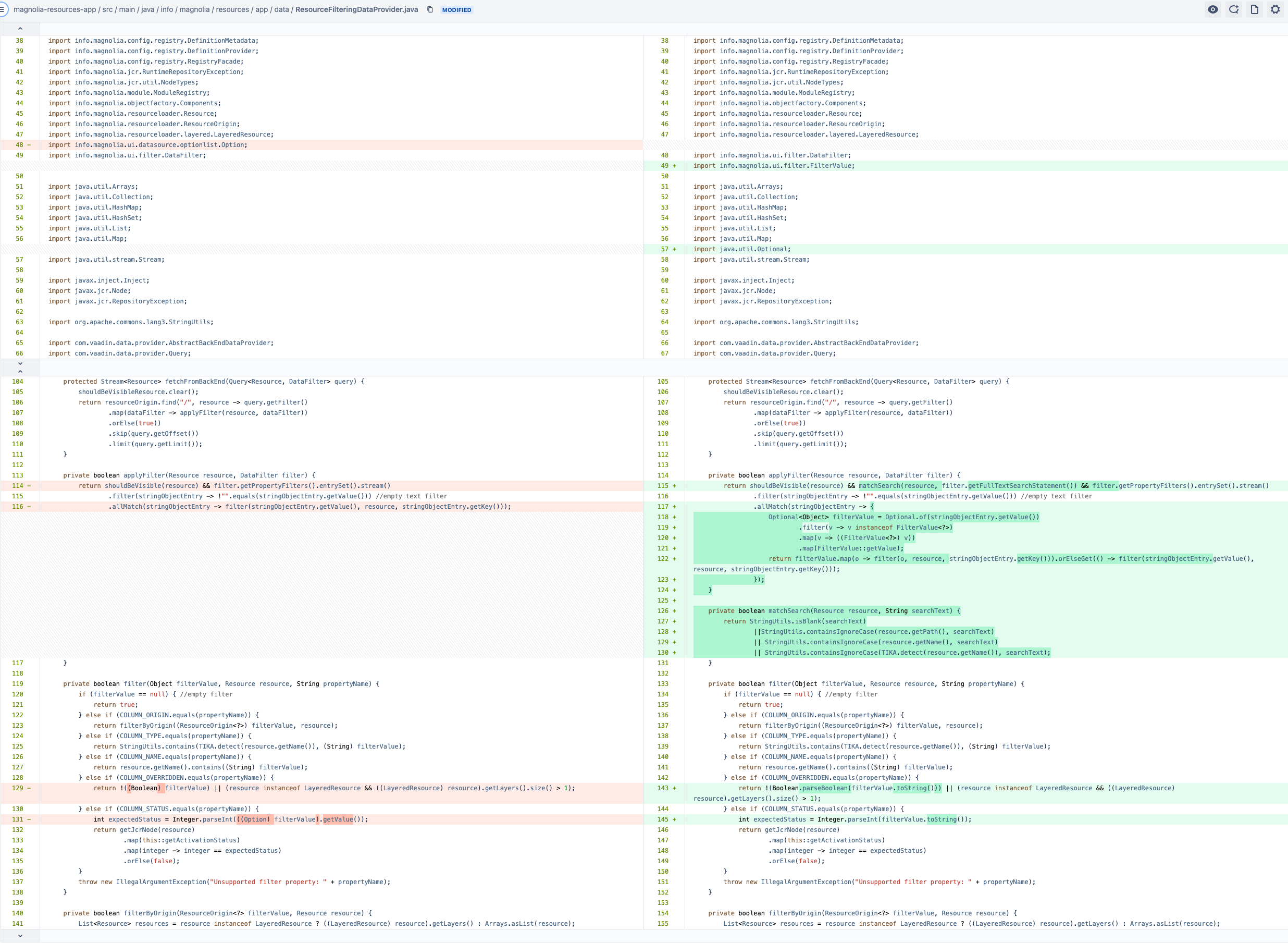 Bitbucket diff of changes made to the ResourceFilteringDataProvider to unwrap filters