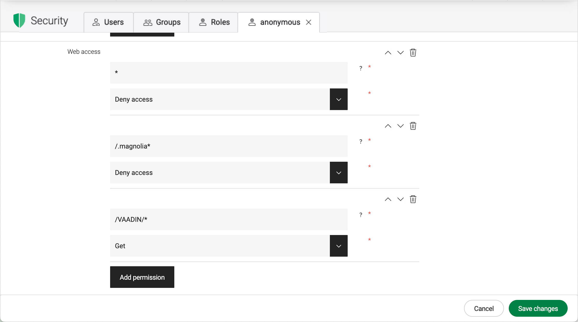 Default web access configuration for anonymous role