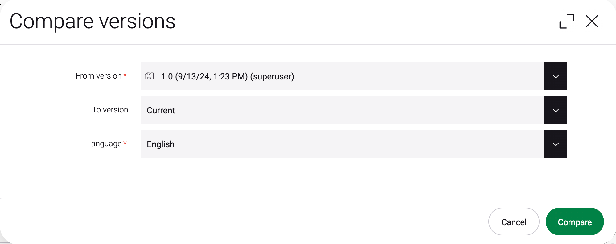 Compare versions dialog