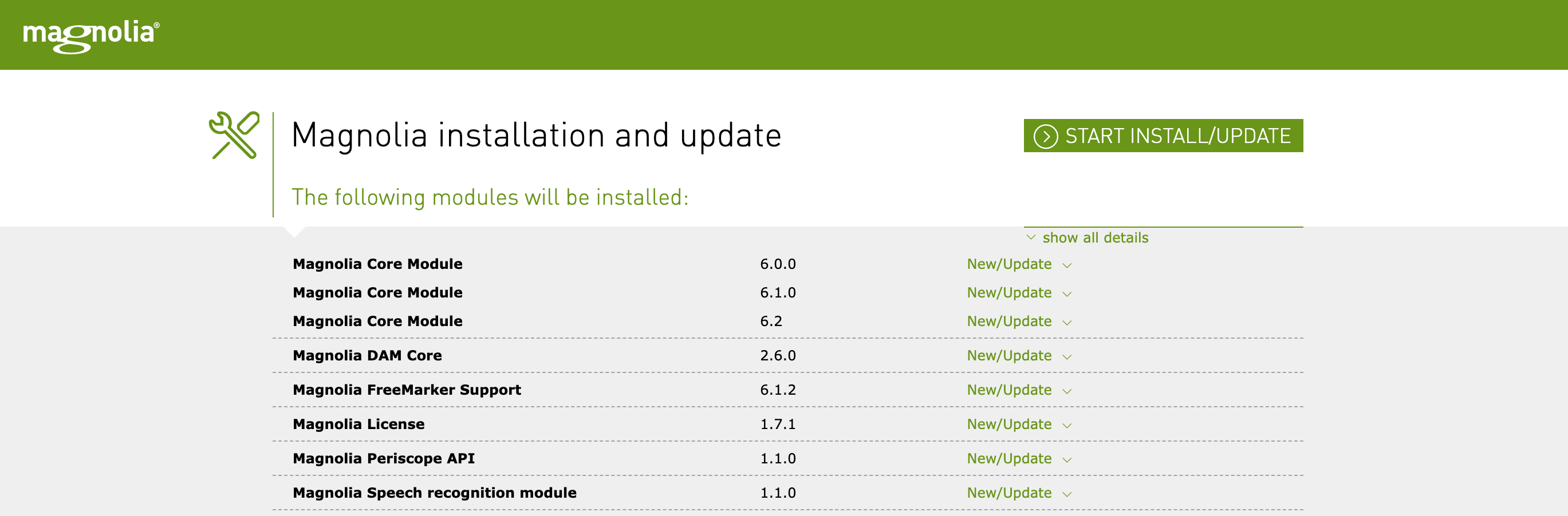 Magnolia installation and update list