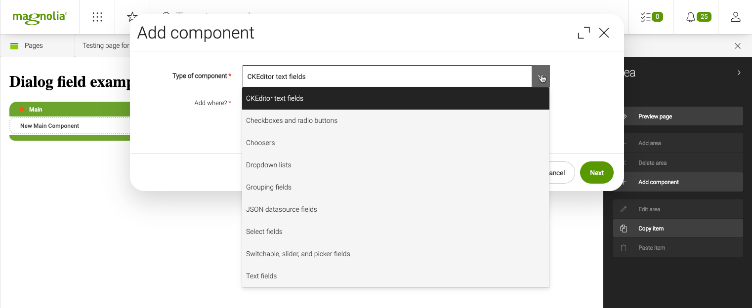 Add component dialog