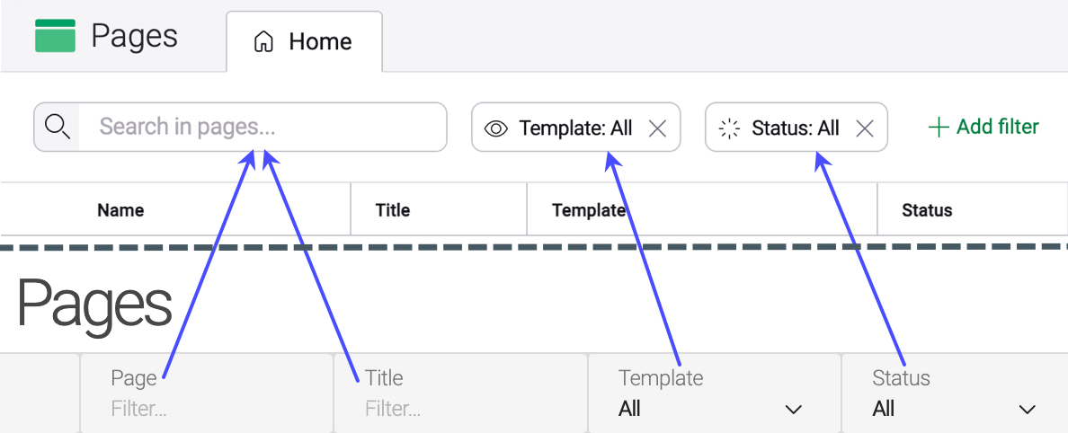 Pages app conversion of column headers to search and filters