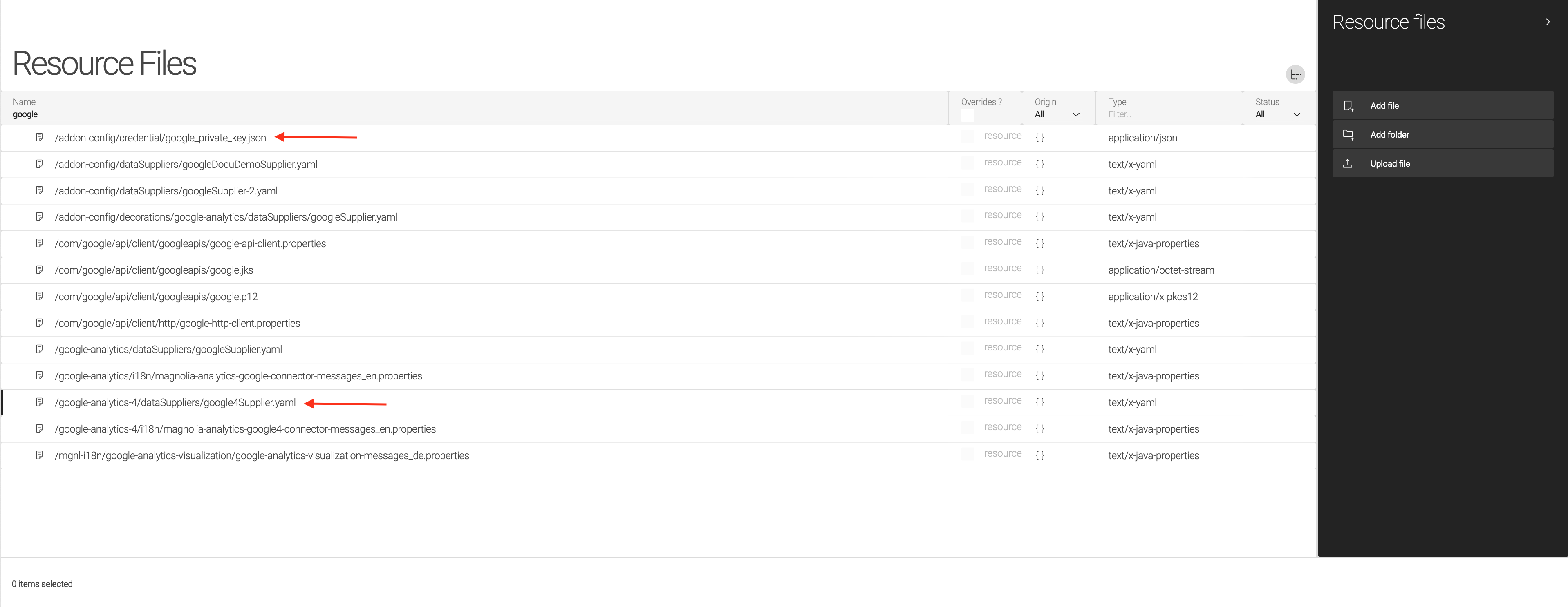 Resource file list with supplier yaml and json key files highlighted