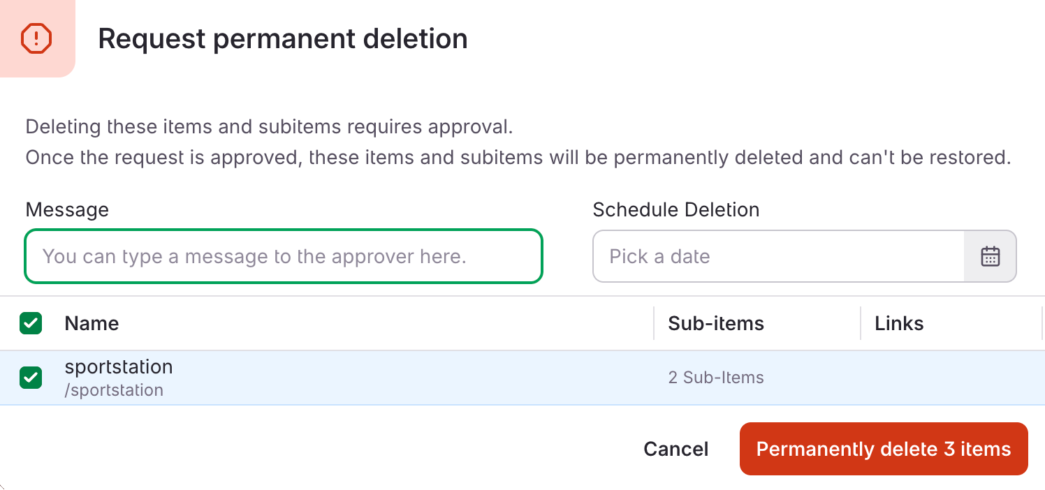 Request permanent deletion dialog
