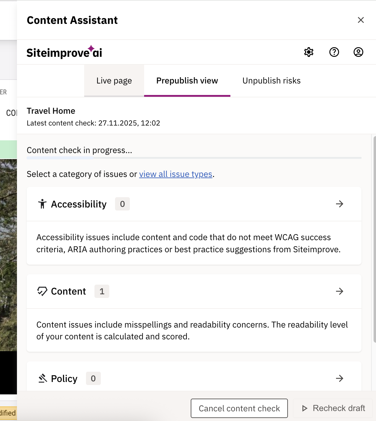 Siteimprove: Prepublish check in progress